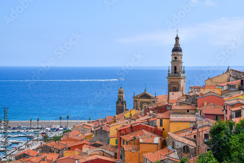 Aerial panoramic view of Menton Old Town and sea, South of France.
