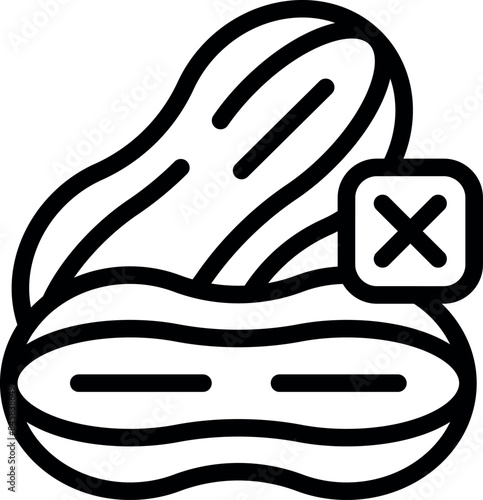 Simple black and white line art icon of a peanut with a cross over it, representing a nut allergy and the need to avoid groundnuts