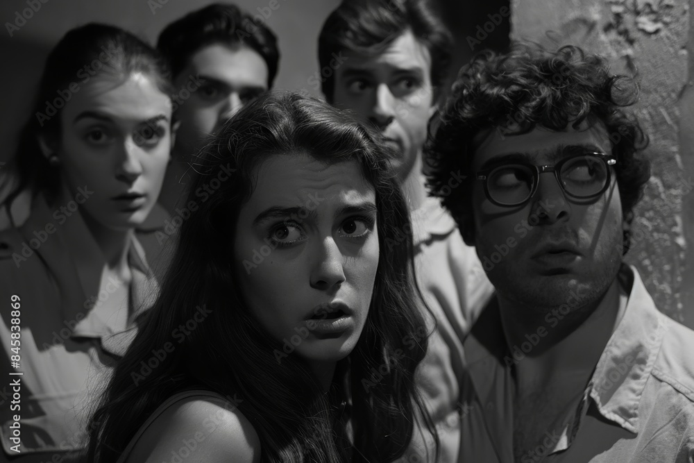 Dramatic black and white portrait of a group of young people Dramatic black and white portrait of a group of young people