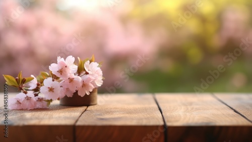 Cherry blossoms on wooden table with soft-focus floral background. Cherry blossoms blooming with pink petal at spring season with blurring background. Springtime and nature beauty concept. AIG35.