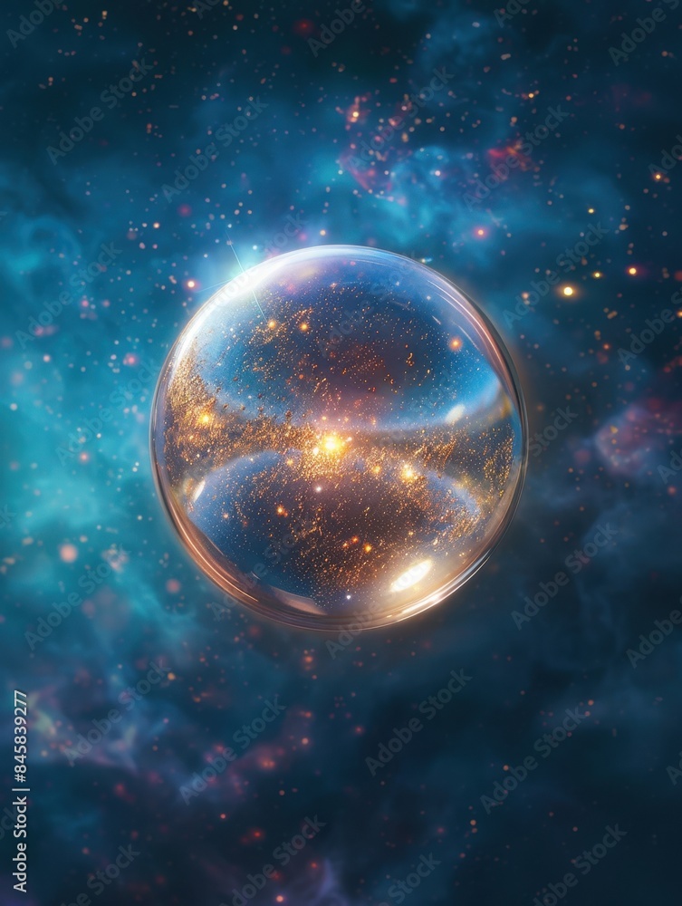 Floating Glass Sphere In Space. A mesmerizing glass sphere floating in a cosmic background, illuminated by stars and galactic elements. Floating Glass Sphere In Space. A mesmerizing glass sphere floating in a cosmic background, illuminated by stars and galactic elements.