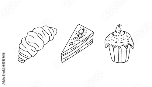 Food, dessert. Sweet pastries. Confectionery, cafe icons. Set Cake, cheesecake, muffin, croissant, drawings, doodle style.