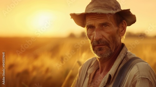 The picture of the farmer working in the crop field of the wheat under the sun at dawn or dusk time, the farmer skill require skills like the management, farming knowledge and physical stamina. AIG43. © Summit Art Creations