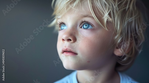 Small blonde boy with blue eyes gazing