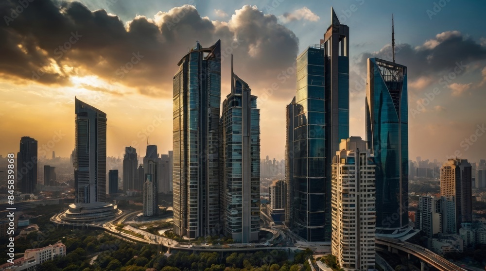 Fototapeta premium Vibrant city skyline glowing under a sunset sky.