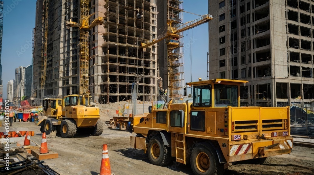 Various construction vehicles working on site. Bulldozers and cranes in action. Various construction vehicles working on site. Bulldozers and cranes in action.