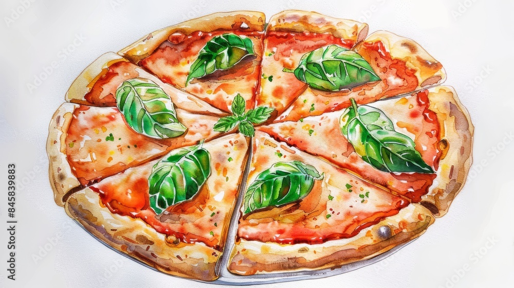 acuarela de pizza con albahaca fresca acuarela de pizza con albahaca fresca