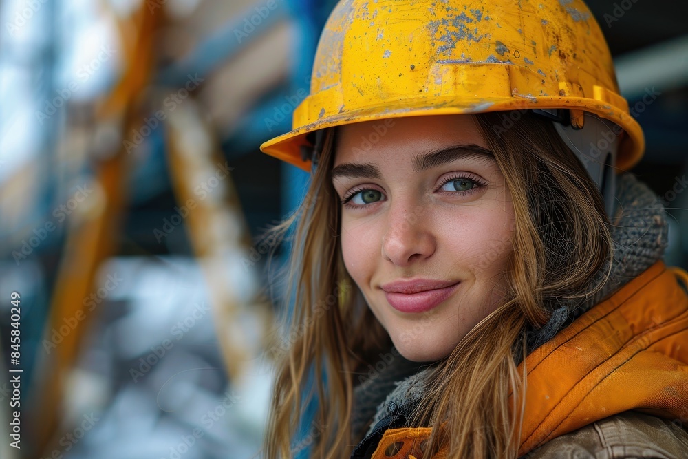Young female construction worker with a safety helmet enjoying a break outdoors with snow Young female construction worker with a safety helmet enjoying a break outdoors with snow