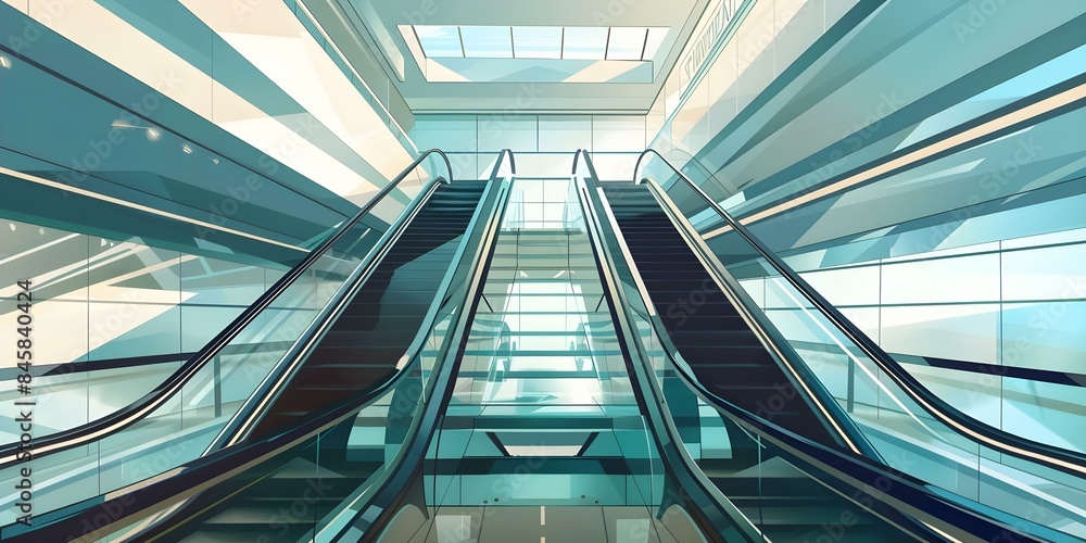 Modern cartoon of escalators in a shopping mall with glass railings. Concept Cartoon Illustration, Modern Design, Shopping Mall, Escalators, Glass Railings Modern cartoon of escalators in a shopping mall with glass railings. Concept Cartoon Illustration, Modern Design, Shopping Mall, Escalators, Glass Railings