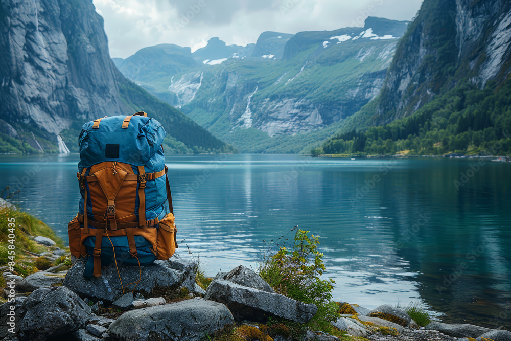 Mountain lake view with hiking gear on rocky shore. Adventure scene. Mountain lake view with hiking gear on rocky shore. Adventure scene.