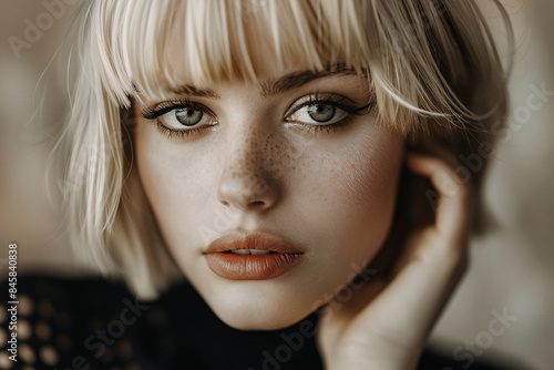 Portrait of young attractive woman with blond hair with bob hairstyle with bangs