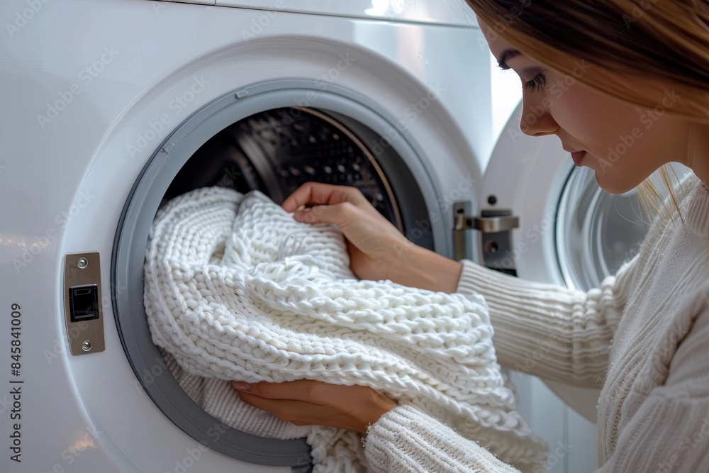 Partial portrayal of hand removing a thick white sweater from a washing machine, depicting part of a washing routine Partial portrayal of hand removing a thick white sweater from a washing machine, depicting part of a washing routine