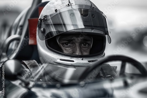 A detailed view of a racing helmet within the blurred interior of a racing car cockpit, exemplifying speed and motorsports © Sasa