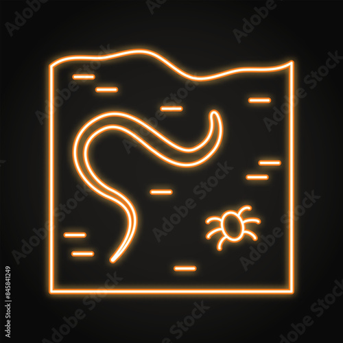 Soil with earthworm neon icon. Farm worm symbol, invertebrate. Vector illustration.
