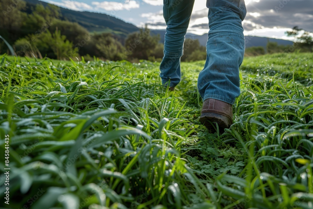 Person walking in morning dew-covered grass with sunlight and mountains in the background Person walking in morning dew-covered grass with sunlight and mountains in the background