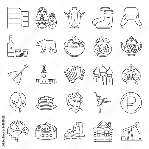 Russian national symbols icon set in line style. Vector illustration.