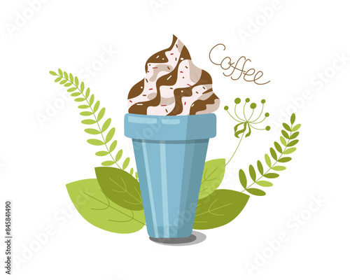 Coffee drink chilled with ice in disposable plastic cups. Cold Coffee. Glass of dessert, with whipped cream, chocolate or caramel filling and carbonated drink. Ice cream.
