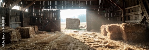 Interior view of barn house with hay bale in farm.