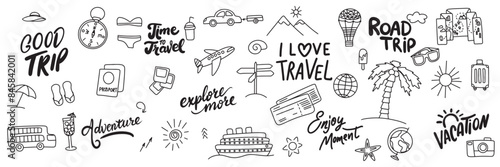 Collection of travel icons set in doodle style. Hand drawn vector art.