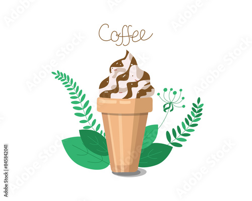 Coffee drink chilled with ice in disposable plastic cups. Cold Coffee. Glass of dessert, with whipped cream, chocolate or caramel filling and carbonated drink. Ice cream.
