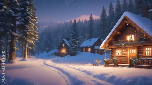A cozy, winter-themed background illustration with snow-covered trees, a cozy cabin, and softly falling snowflakes. The design is warm and inviting, perfect for holiday greetings or winter promotions