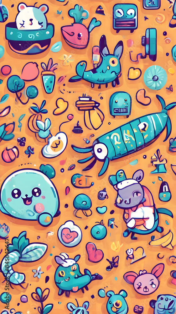 A playful, cartoon-style background illustration with bright colors, whimsical characters, and fun patterns. The design is cheerful and lively, perfect for children's products or playful themes A playful, cartoon-style background illustration with bright colors, whimsical characters, and fun patterns. The design is cheerful and lively, perfect for children's products or playful themes