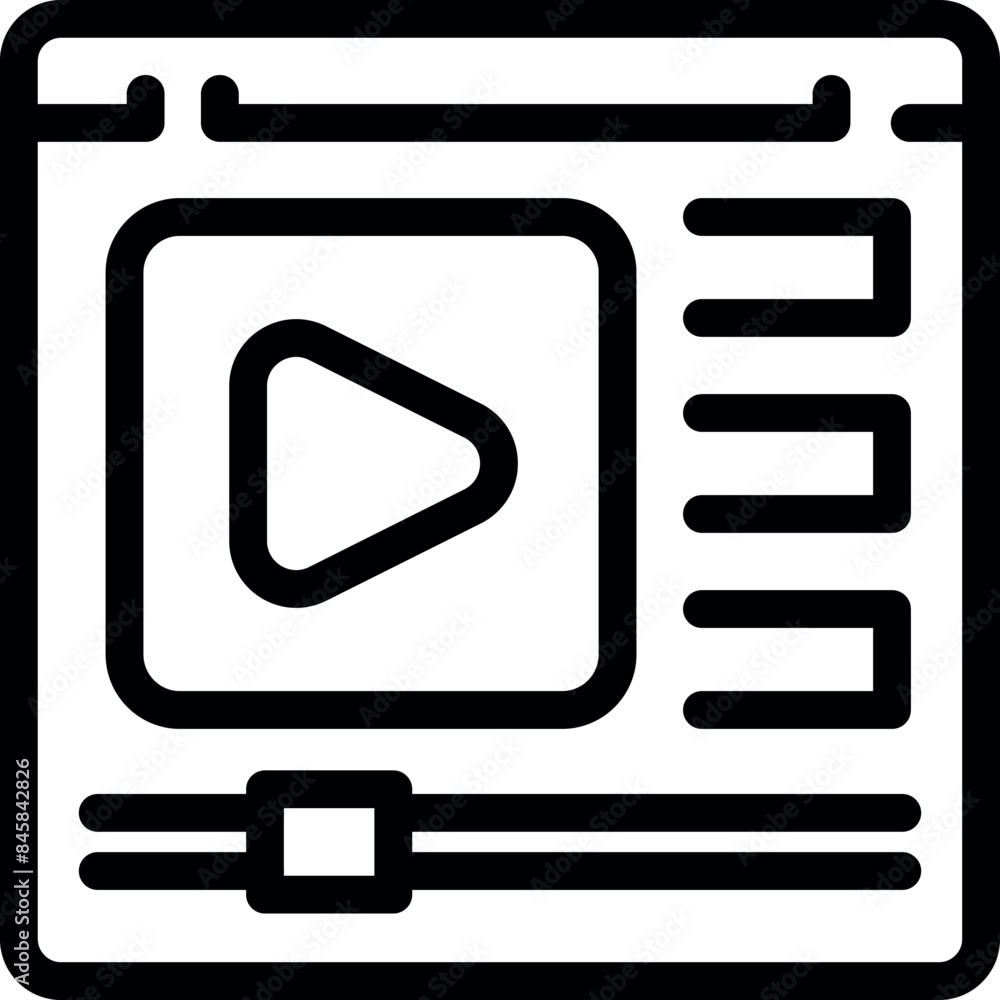 Simple line icon of a video player interface showing a playback button and a progress bar for streaming Simple line icon of a video player interface showing a playback button and a progress bar for streaming