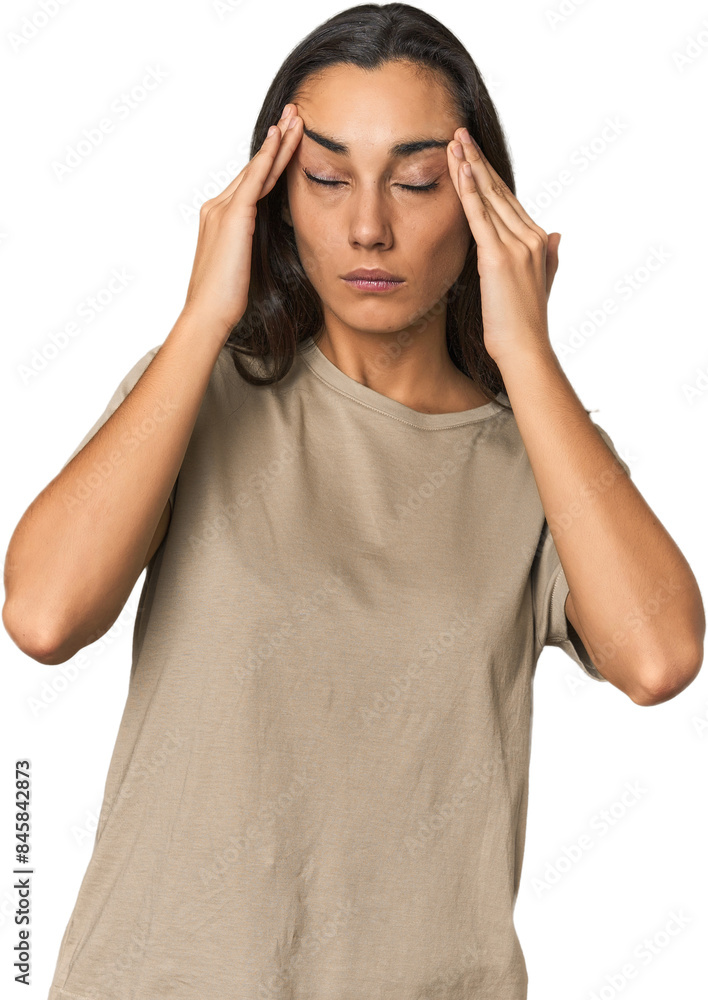 Fototapeta premium Hispanic young woman touching temples and having headache.