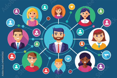A colorful illustration depicting a network of professionals, each represented by a circular icon, connected by lines symbolizing their relationships.