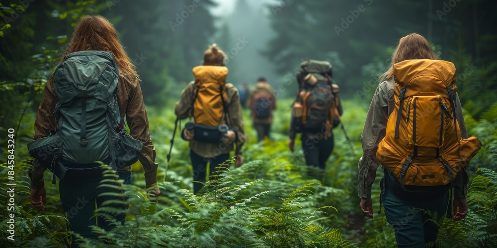 A group of people carrying backpacks are hiking through a wooded area A group of people carrying backpacks are hiking through a wooded area