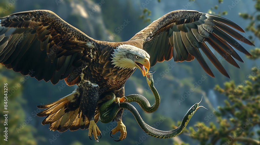 Bald eagle flying eating snake