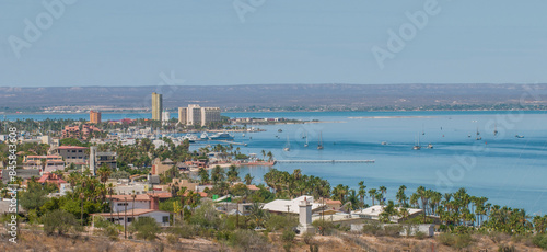 Panoramic view of City of La Paz, Baja California Sur. Mexico, on a sunny summer morning with el mogote in the background