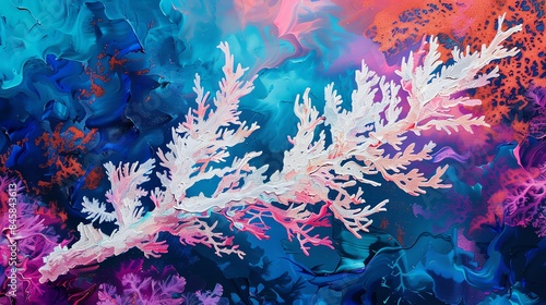 Underwater, the delicate branches of a coral reef sway gently in the current. The reef is a riot of color, with vibrant blues, greens, and pinks.