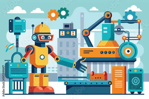 A yellow robot with red arms and a blue arm is working on a conveyor belt in a factory setting. The robot is wearing a yellow hard hat and has large, round eyes.