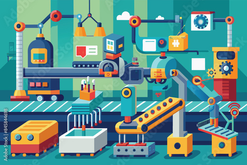 A cartoon illustration depicting a modern automated manufacturing assembly line with robotic arms, conveyor belts, and various machines.
