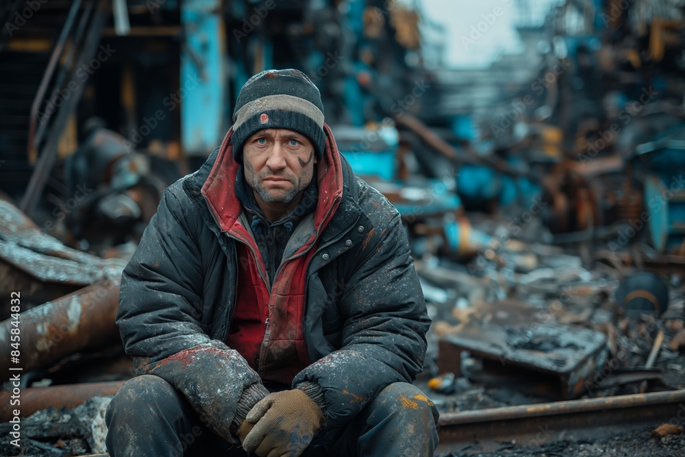 Weary worker sits amidst industrial ruin Weary worker sits amidst industrial ruin
