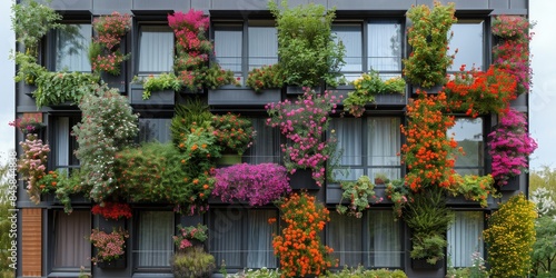 A building is embellished with an abundant display of flowers photo