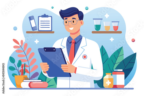 A cartoon illustration of a smiling male doctor wearing a white coat and red tie, reviewing medical notes on a clipboard in a lab setting. There are test tubes, pills, and plants in the background.