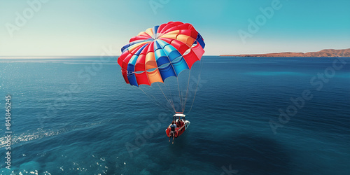 paragliding in the sea, Parasailing on Tropical Beach in summer, Arafed parasailer in the ocean with a parachute attached to his back generative ai

 photo