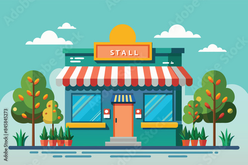 A cartoon illustration of a stall shop facade, featuring a red and white striped awning and a green, blue, and yellow color scheme.