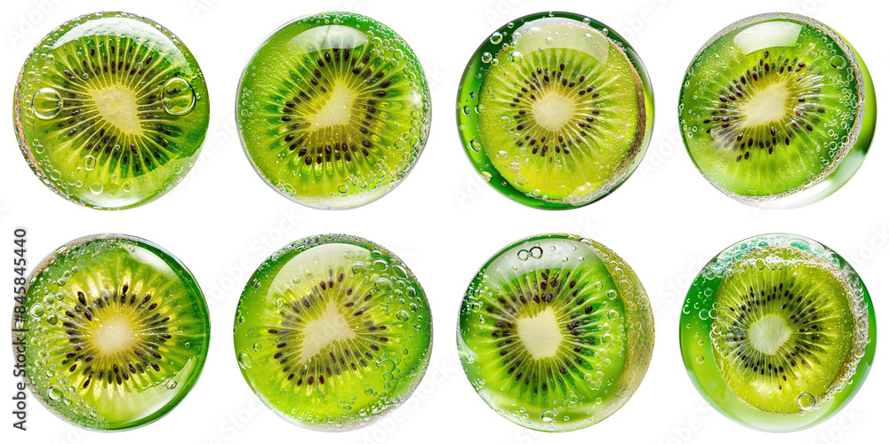 Set of Kiwi Slice Inside Green Bubble Isolated on Transparent PNG Background. Generative ai Set of Kiwi Slice Inside Green Bubble Isolated on Transparent PNG Background. Generative ai