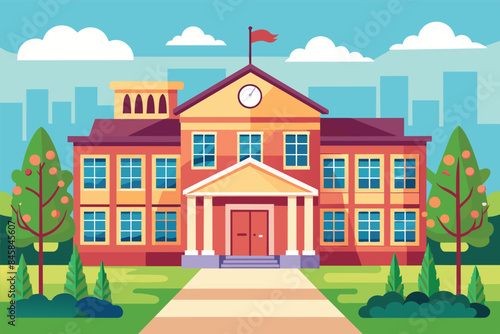 A cartoon illustration of a large school building with a clock tower and a flag. There are trees on either side and a city skyline in the background.