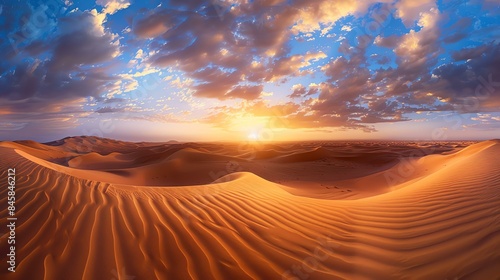 Amazing sand dunes in the middle of the desert at sunset. The sky is blue and cloudy and the sun is setting behind the dunes.