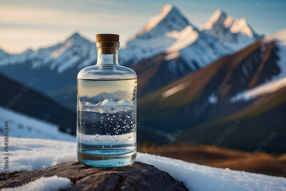 Obraz premium Bottle of pouring crystal water against blurred nature snow mountain landscape background. Organic pure natural water. Healthy refreshing drink. Healthy water, no plastic, ecology, concept.