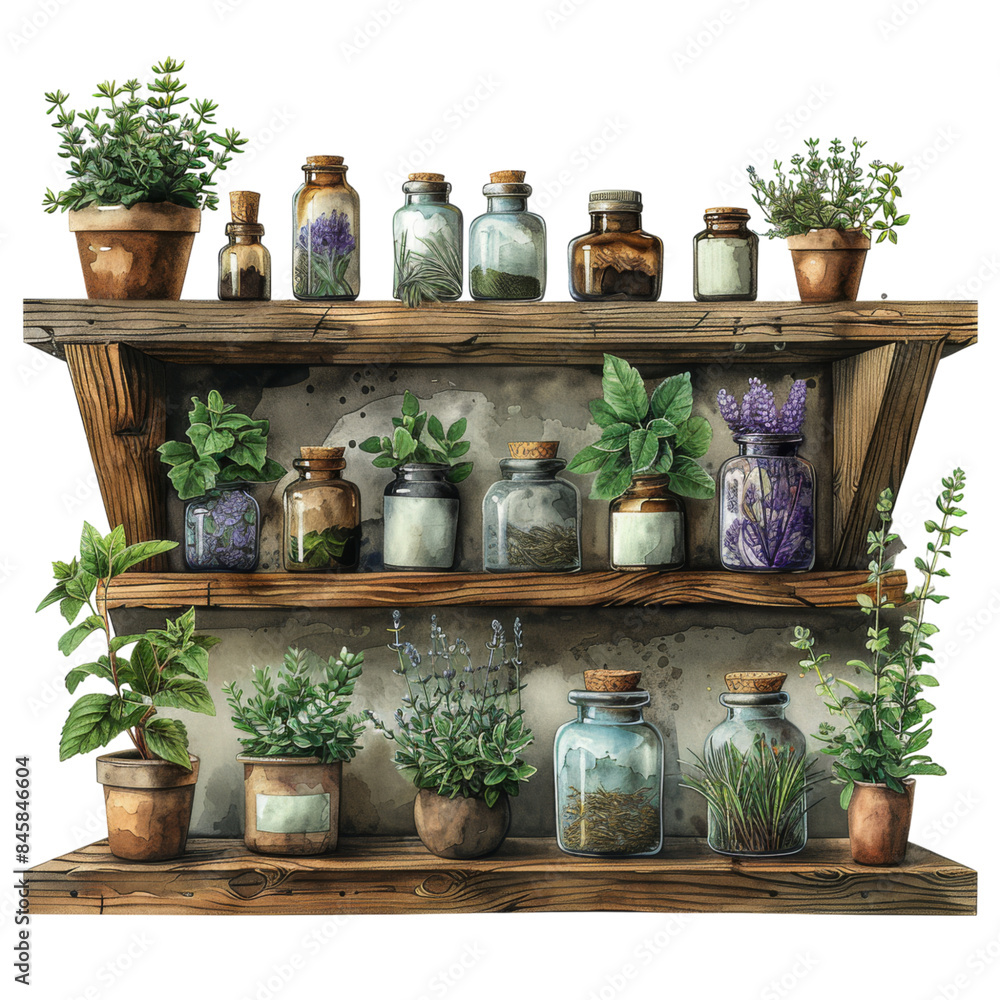Rustic Shelves with Assorted Bottles and Herbal Plants Rustic Shelves with Assorted Bottles and Herbal Plants