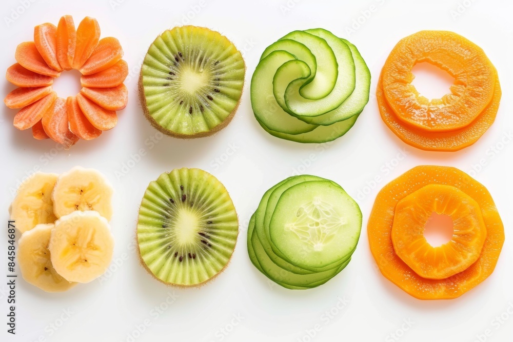 Vibrant assortment of fresh fruit slices on white background Vibrant assortment of fresh fruit slices on white background