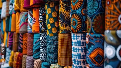 African fabric rolls in market. Cultural fashion and textile design concept. Colorful patterns for clothing, decoration, and Black History Month themes © Zahfran