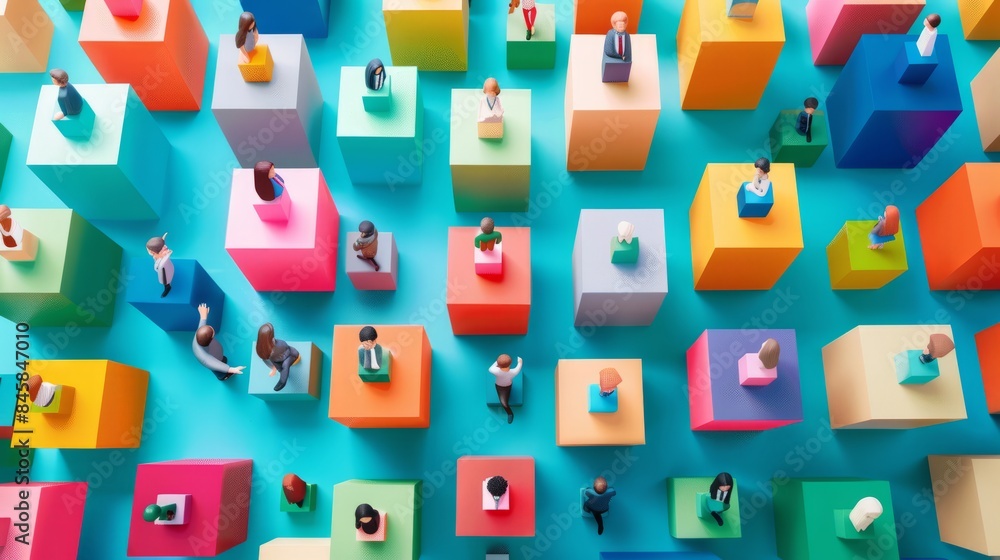 Top view of diverse team collaborating creatively with colorful blocks and cubes featuring various icons representing teamwork and innovation Top view of diverse team collaborating creatively with colorful blocks and cubes featuring various icons representing teamwork and innovation