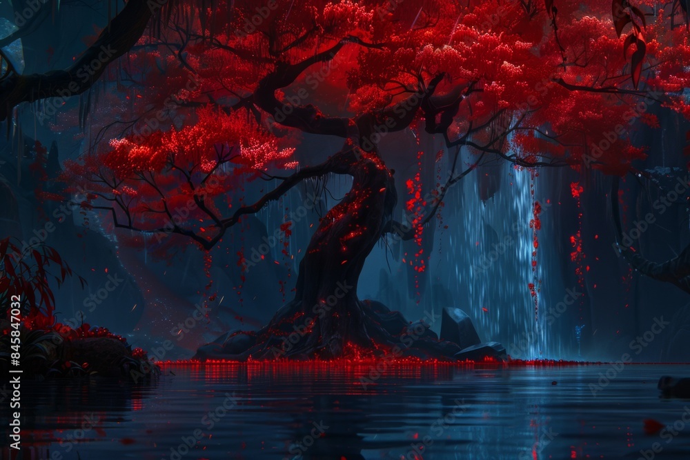 Fototapeta premium Enchanting red foliage in a mystical forest landscape