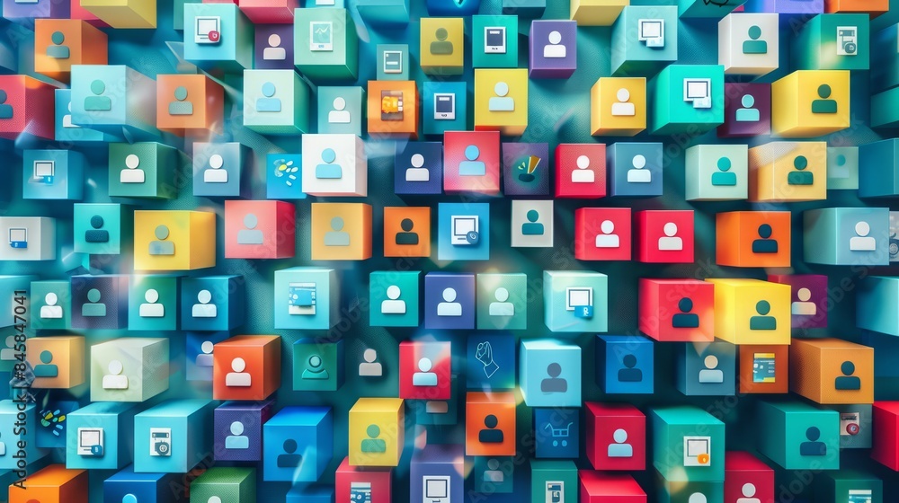 Top view of diverse team collaborating creatively with colorful blocks and cubes featuring various icons representing teamwork and innovation Top view of diverse team collaborating creatively with colorful blocks and cubes featuring various icons representing teamwork and innovation